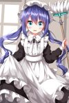  1girl :d alternate_costume apron black_dress blue_eyes blue_hair blush bow broom dress enmaided frilled_apron frills hair_between_eyes hat highres holding holding_broom koisuru_asteroid long_hair long_sleeves looking_at_viewer maid maid_apron maid_headdress manaka_ao mob_cap open_mouth ruu_(tksymkw) smile solo twintails white_apron 