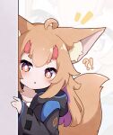  1girl :o ahoge animal_ear_fluff animal_ears arknights black_jacket blush brown_eyes brown_hair collarbone commentary doctor_(arknights) english_commentary female_doctor_(arknights) fox_ears fox_girl fox_tail highres hood hood_down hooded_jacket horns jacket kurotofu long_sleeves looking_at_viewer multicolored_hair notice_lines open_clothes open_jacket original parted_lips peeking_out purple_hair ribbon-trimmed_sleeves ribbon_trim shirt short_eyebrows sleeves_past_wrists solo tail thick_eyebrows two-tone_hair white_shirt wide_sleeves zoom_layer 