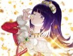  1girl blue_gemstone blunt_bangs blurry blurry_background coin commentary_request detached_sleeves dress fur-trimmed_dress fur-trimmed_sleeves fur_trim gem gold_necklace gold_trim green_gemstone hanazono_shuka hand_up holding holding_coin idol_clothes idol_time_pripara jewelry kissing_object long_hair looking_at_viewer money_rain murakami_hisashi necklace one_eye_closed open_mouth pink_lips ponytail pretty_(series) pripara purple_hair red_dress solo sparkle tiara upper_body violet_eyes white_background 