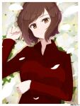  1girl brown_eyes brown_hair closed_mouth collared_shirt commentary dated from_above girls_und_panzer head_tilt highres looking_at_viewer lying nishizumi_maho on_back oritako petals red_shirt shirt short_hair short_sleeves smile solo upper_body wing_collar 