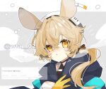  1girl :o animal_ears arknights artist_name blonde_hair blush commentary_request crossed_bangs dorothy_(arknights) ear_tag gloves hair_between_eyes hair_over_shoulder itsuki_02 looking_at_viewer mouse_ears mouse_girl nose_blush parted_lips ponytail solo twitter_username white_headwear yellow_eyes yellow_gloves 