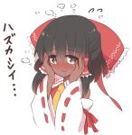  1girl alternate_skin_color ascot black_eyes black_hair blush bow closed_mouth commentary_request dark-skinned_female dark_skin detached_sleeves flying_sweatdrops frilled_bow frills hair_bow hair_tubes hakurei_reimu hands_on_own_face kuroshiro_gurei looking_at_viewer red_bow red_shirt shirt simple_background sleeveless sleeveless_shirt solo tan touhou upper_body v_arms wavy_mouth white_background yellow_ascot 