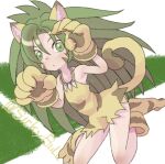  1girl animal_ears animal_hands bare_shoulders cham_cham facial_mark flat_chest gloves green_eyes green_hair hair_between_eyes jewelry long_hair necklace paw_gloves paw_shoes samurai_spirits sicky_(pit-bull) solo tail tiger_ears tiger_girl tiger_tail tooth_necklace twitter_username whisker_markings 