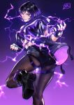  1girl absurdres ass black_footwear colored_tips electricity highres hood hooded_jacket jacket juaag_acgy multicolored_clothes multicolored_hair multicolored_jacket namco pantyhose purple_hair purple_jacket reina_(tekken) tekken tekken_8 two-tone_jacket violet_eyes 