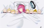  1girl absurdres beret blanket blunt_bangs blunt_ends closed_eyes hat head-mounted_display headset_removed heanna_sumire highres love_live! love_live!_nijigasaki_high_school_idol_club lying mia_taylor miyashita_ai ohara_mari on_side pillow pink_hair short_hair sleeping solo sonoda_umi stuffed_toy tennouji_rina under_covers whin white_headwear 