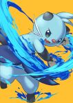  :d commentary_request dewott fangs holding holding_shell leg_up looking_at_viewer no_humans open_mouth pokemon pokemon_(creature) shell smile solo standing standing_on_one_leg tominakami tongue water yellow_background 