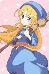  1girl blue_eyes blue_headwear broom highres holding holding_broom jazz_grace light_particles long_hair looking_at_viewer madou_monogatari pink_background puyopuyo smile solo split_mouth star_(symbol) very_long_hair witch witch_(puyopuyo) 