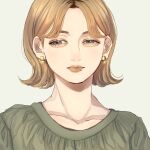  1girl blonde_hair closed_mouth collarbone commentary earrings eyelashes green_shirt grey_eyes hair_intakes jewelry lips norimaki_(seidan0611) original shirt short_hair solo symbol-only_commentary upper_body 