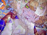  1girl absurdres blonde_hair blue_background crying crying_with_eyes_open glass glass_shards green_eyes hands_on_own_face highres katai_(nekoneko0720) looking_at_viewer mizuhashi_parsee multicolored_background orange_background shards shattered solo tears touhou 