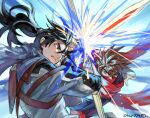  2boys black_hair brown_hair character_request closed_mouth fighting indesign male_focus mask mouth_mask multiple_boys ninja red_scarf scarf short_hair strider_(video_game) strider_hiryuu sword weapon 