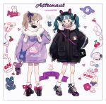  2girls aircraft airplane animal_ear_hairband animal_ear_hood animal_ears animal_print aqua_hair artist_name badge bag banner black_bag black_bow black_bowtie black_coat black_footwear black_hairband black_shirt blue_bag blueberry blush_stickers boots border bow bow_legwear bowtie brown_eyes brown_hair cake cake_slice candle cherry closed_mouth coat cross-laced_clothes cross-laced_footwear cross-laced_legwear earrings english_text eyelashes eyeshadow fashion flower food footwear_bow footwear_ribbon from_behind fruit full_body fur-trimmed_coat fur_trim hair_bow hairband hand_in_own_hair hand_on_own_chin heart heart_earrings helmet highres holding holding_stuffed_toy hood hood_down hooded_coat jewelry lightning_bolt_print long_hair looking_at_viewer makeup miniskirt multiple_girls orange_eyeshadow original pink_bow pink_flower pink_ribbon planet planetary_ring pleated_skirt pocket ponytail purple_bow purple_coat purple_ribbon purple_skirt putong_xiao_gou rabbit_ears rabbit_print red_lips ribbon shirt shoes shoulder_bag skirt sleeves_past_wrists sneakers socks space_helmet straight-on strawberry striped striped_bow striped_bowtie stuffed_animal stuffed_toy teddy_bear turtleneck twintails ufo water_gun white_background white_border white_bow white_ribbon white_shirt white_socks 
