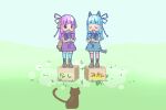  2girls adapted_costume animal_ears blue_hair blue_ribbon blue_shirt blue_skirt blue_thighhighs boots box brown_footwear cardboard_box cat cat_ears cat_tail closed_eyes collared_shirt commentary dog_ears dog_tail gohan_sando grass hair_ribbon hikimayu holding holding_microphone kemonomimi_mode knee_boots kotonoha_akane kotonoha_aoi long_hair low-tied_sidelocks microphone multiple_girls music neck_ribbon open_mouth pink_hair pink_ribbon pink_thighhighs purple_shirt purple_skirt red_eyes ribbon shirt siblings sidelocks singing sisters skirt sleeveless sleeveless_shirt standing_on_box tail thigh-highs translation_request two-handed voiceroid 
