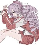  1girl absurdres drill_hair hair_ornament highres holding holding_removed_eyewear hyakumantenbara_salome hyakumantenbara_salome_(2nd_costume) jacket long_hair long_sleeves looking_at_viewer mochidash nijisanji open_clothes open_jacket parted_lips purple_hair red_jacket red_shorts shirt shorts simple_background solo unworn_eyewear violet_eyes virtual_youtuber white_background white_shirt 