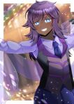  black_vest blue_eyes blue_necktie blurry blurry_background collared_shirt commentary_request commission dark_skin depth_of_field grin hand_up holding kou_hiyoyo long_hair looking_at_viewer necktie original purple_hair purple_shirt see-through shirt skeb_commission smile solo vest 