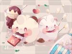 alternate_color animal_focus border candy checkered_floor chocolate chocolate_bar commentary_request cup eating food hanabusaoekaki highres ice_cream marshmallow no_humans pokemon pokemon_(creature) red_eyes shiny_pokemon sparkle sprout swirlix tongue tongue_out white_border 