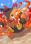  brown_eyes claws clouds commentary_request day fire legs_apart open_mouth outdoors pignite pokemon pokemon_(creature) sky solo standing tominakami tongue tusks 