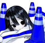  1girl black_eyes black_hair blue_theme closed_mouth commentary hair_between_eyes highres jacket light_blush limited_palette long_hair long_sleeves looking_at_viewer lying on_stomach original simple_background solo straight_hair traffic_cone upper_body urokogaran white_background white_jacket 