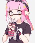  1girl black_gloves black_headband black_nails black_shirt can commentary_request cross-shaped_pupils drinking drinking_straw eyelashes fingerless_gloves gloves grey_eyes headband inkling inkling_girl inuowour long_hair monster_energy pink_hair pointy_ears shirt simple_background soda_can solo splatoon_(series) splatoon_3 symbol-shaped_pupils upper_body white_background 