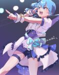  1girl blue_eyes blue_hair blue_shorts hololive hololive_idol_uniform hoshimachi_suisei kyou_fumei looking_at_viewer official_alternate_costume open_mouth pointing pointing_at_viewer short_shorts shorts side_ponytail star_(symbol) star_in_eye symbol_in_eye thigh_strap virtual_youtuber white_wrist_cuffs 