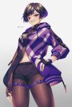 1girl absurdres artist_name black_gloves black_shorts brown_pantyhose cowboy_shot fingerless_gloves gloves grey_background grin hand_on_own_hip highres jacket long_sleeves looking_at_viewer namco navel pantyhose purple_hair purple_jacket reina_(tekken) short_hair shorts smile solo stomach teeth tekken tekken_8 tsurime twitter_username violet_eyes zero-go