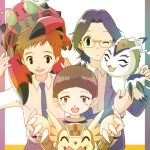  3boys :d animal_on_head armadimon black_eyes blue_necktie bowl_cut brown_hair child closed_eyes digimon digimon_(creature) digimon_adventure_02 gdn0522 glasses gomamon green_eyes hida_iori highres holding_hands izumi_koushirou kido_jou male_focus multiple_boys necktie on_head one_eye_closed shirt simple_background smile tentomon white_shirt 