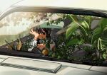  1girl absurdres black_eyes black_hair blush braid car car_interior collared_shirt commentary_request day grass highres leaf long_hair long_sleeves motor_vehicle myango_(applemangocrape) original overgrown plant rear-view_mirror rubbing_eyes shirt solo steering_wheel tears twin_braids white_shirt wiping_tears 