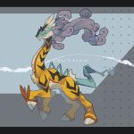  claws commentary_request floating_hair from_side full_body grey_background grey_eyes highres letterboxed no_humans omomezoo pokemon pokemon_(creature) raging_bolt solo tusks 
