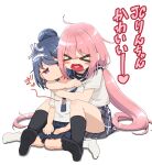  &gt;_&lt; 2girls :d :| anger_vein black_socks blouse blue_hair blue_neckerchief blue_sailor_collar blue_skirt blush_stickers closed_eyes closed_mouth commentary frown grey_skirt hair_bun heart hug hug_from_behind kagamihara_nadeshiko kohsaka_jun long_hair low_twintails miniskirt multiple_girls neckerchief open_mouth pink_hair plaid plaid_skirt pleated_skirt sailor_collar school_uniform serafuku shima_rin shirt short_hair simple_background sitting skirt smile socks summer_uniform translated twintails very_long_hair wariza white_background white_shirt white_socks yurucamp 