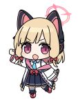 1girl animal_ear_headphones animal_ears bell_(oppore_coppore) black_skirt black_thighhighs blonde_hair blue_archive blue_necktie blush chibi collared_shirt commentary_request fake_animal_ears full_body halo headphones highres jacket long_sleeves looking_at_viewer momoi_(blue_archive) necktie open_mouth pink_halo pleated_skirt red_eyes shirt short_hair simple_background skirt solo thigh-highs white_background white_jacket white_shirt wide_sleeves 