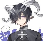  ... 1boy animal_ears arknights black_hair black_shirt blush closed_mouth commentary_request hair_over_one_eye horns lessing_(arknights) looking_at_viewer male_focus shirt simple_background solo spoken_ellipsis upper_body violet_eyes white_background xinjinjumin209301719922 