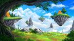  blue_sky cliff clouds cubehero fantasy floating_island grass highres mountain original scenery signature sky tree 