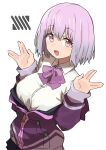  1girl :d absurdres bow bowtie breasts gazacy_(dai) gridman_universe highres looking_at_viewer medium_breasts purple_bow purple_bowtie purple_hair shinjou_akane shirt short_hair simple_background smile solo ssss.gridman white_background white_shirt 