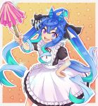  1girl alternate_costume apron black_bow black_dress blue_eyes blue_hair blush bow bowtie collared_shirt dress duster enmaided frilled_apron frills gradient_hair hair_between_eyes hair_bow heterochromia highres horse_girl long_hair looking_at_viewer maid maid_apron monmonmur multicolored_hair open_mouth puffy_short_sleeves puffy_sleeves red_bow red_bowtie shirt short_sleeves sidelocks smile solo twin_turbo_(umamusume) twintails umamusume violet_eyes white_apron 