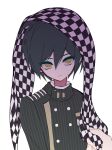  1boy black_hair breast_pocket brown_jacket buttons checkered_neckerchief danganronpa_(series) danganronpa_v3:_killing_harmony double-breasted expressionless hair_between_eyes highres holding_neckerchief jacket looking_at_viewer male_focus neckerchief neckerchief_on_head orange_eyes pocket saihara_shuichi short_hair simple_background solo_focus striped striped_jacket upper_body white_background xia_nu_xiao_fang 