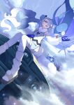  1girl :d absurdres altaria blue_eyes blue_gloves bright_pupils clouds commentary day detached_sleeves evolutionary_line eyelashes floating_hair flying_miku_(project_voltage) from_below gloves hair_over_one_eye hair_ribbon hand_up hatsune_miku highres knees kuusou_ressha_(vocaloid) loose_socks open_mouth outdoors pokemon pokemon_(creature) project_voltage ribbon see-through see-through_sleeves shoes sitting sky smile socks swablu tamago_sando twintails vocaloid white_pupils white_socks zzz 