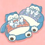  absurdres blanket highres lying lying_on_another maushold_(family_of_four) maushold_(family_of_three) no_humans official_art pink_background pokemon pokemon_(creature) sleeping smile snorlax 