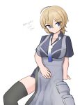  1girl absurdres ahoge black_thighhighs blonde_hair blue_eyes blue_shirt breasts collared_shirt dress_shirt feet_out_of_frame gradient_neckerchief grey_shirt highres invisible_chair kantai_collection large_breasts maru_(marg0613) military_uniform one-hour_drawing_challenge shirt short_hair side_slit simple_background sitting solo thigh-highs tuscaloosa_(kancolle) uniform white_background 