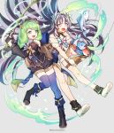  2girls absurdres artist_name bare_shoulders basket black_hair boots commission drill_hair feather_hair_ornament feathers fire_emblem fire_emblem:_three_houses fire_emblem_engage fire_emblem_heroes fish fishing_rod flayn_(fire_emblem) full_body green_eyes green_hair grey_hair hair_ornament highres holding holding_basket long_hair long_sleeves looking_at_viewer multicolored_hair multiple_girls open_mouth petite pixiv_commission shorts silvercandy_gum simple_background smile thigh-highs thigh_strap two-tone_hair very_long_hair veyle_(fire_emblem) violet_eyes 