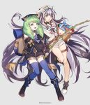  2girls absurdres artist_name bare_shoulders basket black_hair boots commission drill_hair feather_hair_ornament feathers fire_emblem fire_emblem:_three_houses fire_emblem_engage fire_emblem_heroes fish fishing_rod flayn_(fire_emblem) full_body green_eyes green_hair grey_hair hair_ornament highres holding holding_basket long_hair long_sleeves looking_at_viewer multicolored_hair multiple_girls open_mouth petite pixiv_commission shorts silvercandy_gum simple_background smile thigh-highs thigh_strap two-tone_hair very_long_hair veyle_(fire_emblem) violet_eyes 