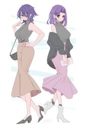  2girls alternate_costume bag black_footwear black_jacket breasts brown_skirt casual eyebrows_hidden_by_hair full_body grey_shirt hair_intakes high_heels highres jacket kantai_collection large_breasts long_skirt mizoredama1 multiple_girls pink_skirt purple_hair shirt short_hair simple_background skirt sleeveless sleeveless_shirt standing tatsuta_(kancolle) tenryuu_(kancolle) violet_eyes white_background white_footwear yellow_eyes 