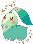  :3 animal_focus chikorita colored_skin commentary_request green_skin hanabusaoekaki highres leaf no_humans pokemon pokemon_(creature) red_eyes simple_background solo sparkle white_background 