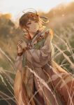  1boy absurdres ahoge aqua_coat arabian_clothes blurry blurry_background brown_hair cherry_biluo_(the_tale_of_food) chinese_clothes chinese_commentary circlet coat cowboy_shot crying crying_with_eyes_open daisy dusk flower gem gold_trim gradient_clothes gradient_coat highres holding holding_flower long_sleeves looking_to_the_side male_focus parted_lips pink_coat puffy_long_sleeves puffy_sleeves rachelee618 red_gemstone reeds robe sleeveless sleeveless_coat solo standing swept_bangs tassel tears the_tale_of_food violet_eyes white_flower white_robe 