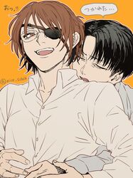  1boy 1other black_hair brown_eyes brown_hair collared_shirt commentary_request eyepatch glasses hange_zoe hug hug_from_behind levi_(shingeki_no_kyojin) mo_cha_ri ponytail shingeki_no_kyojin shirt translation_request twitter_username 