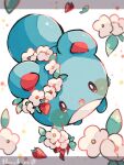  :o animal_focus artist_name blue_skin colored_skin commentary_request flower food fruit hanabusaoekaki head_wreath highres letterboxed marill no_humans pokemon pokemon_(creature) solid_oval_eyes solo strawberry white_background white_flower 
