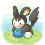  :d berry_(pokemon) blush closed_eyes commentary_request emolga food fruit grass happy holding holding_food holding_fruit no_humans open_mouth oran_berry pokemon pokemon_(creature) smile solo tominakami tongue 