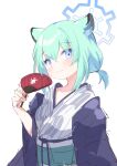  1girl absurdres animal_ear_fluff animal_ears blue_archive blush closed_mouth green_hair hair_between_eyes halo hand_fan highres holding holding_fan japanese_clothes kimono klaius looking_at_viewer obi ponytail sash shigure_(blue_archive) shigure_(hot_spring)_(blue_archive) short_ponytail simple_background sketch solo weasel_ears weasel_girl white_background wide_sleeves yukata 