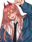  1girl black_necktie blue_hoodie chainsaw_man clenched_hand collared_shirt commentary_request cross-shaped_pupils highres hood hoodie horns long_hair looking_at_viewer necktie norimaki_(seidan0611) open_mouth orange_eyes pink_hair power_(chainsaw_man) sharp_teeth shirt smile solo symbol-shaped_pupils teeth white_background white_shirt 