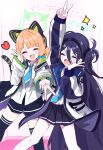  2girls absurdly_long_hair absurdres animal_ear_headphones animal_ears aris_(blue_archive) black_hair black_hairband black_skirt black_thighhighs blonde_hair blue_archive blue_bow blue_halo blue_necktie blush bow closed_eyes collared_shirt fake_animal_ears green_halo hair_bow hairband halo headphones heart highres jacket long_hair midori_(blue_archive) multiple_girls necktie one_side_up open_mouth pleated_skirt shirt short_hair skirt smile thigh-highs thomason366 two-sided_fabric two-sided_jacket very_long_hair white_jacket white_shirt 