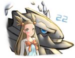  bow brown_hair closed_mouth collarbone dress highres jasmine_(pokemon) long_sleeves looking_at_viewer mega_pokemon mega_steelix pinguinkotak pokemon pokemon_(creature) pokemon_(game) pokemon_hgss short_twintails smile steelix twintails upper_body white_background 