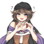  1other androgynous black_headwear blue_eyes brown_hair cape choker heart heart_hands highres kuzu_suzumi len&#039;en off_shoulder ougi_hina short_hair smile solo turban 